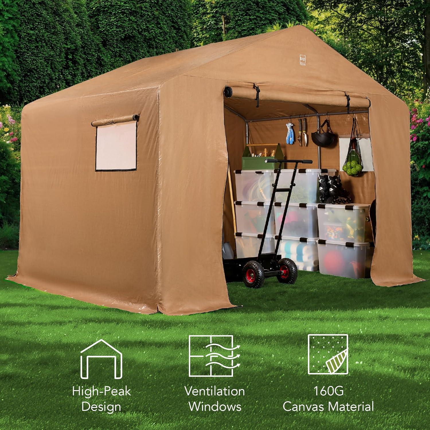imageBest Choice Products 10x8ft Outdoor Storage Shed Carport Canopy Shelter Dual Doors ampamp Windows Metal Frame WeatherResistant Perfect for Storing Motorcycle Bike Garden Tools  TanTan