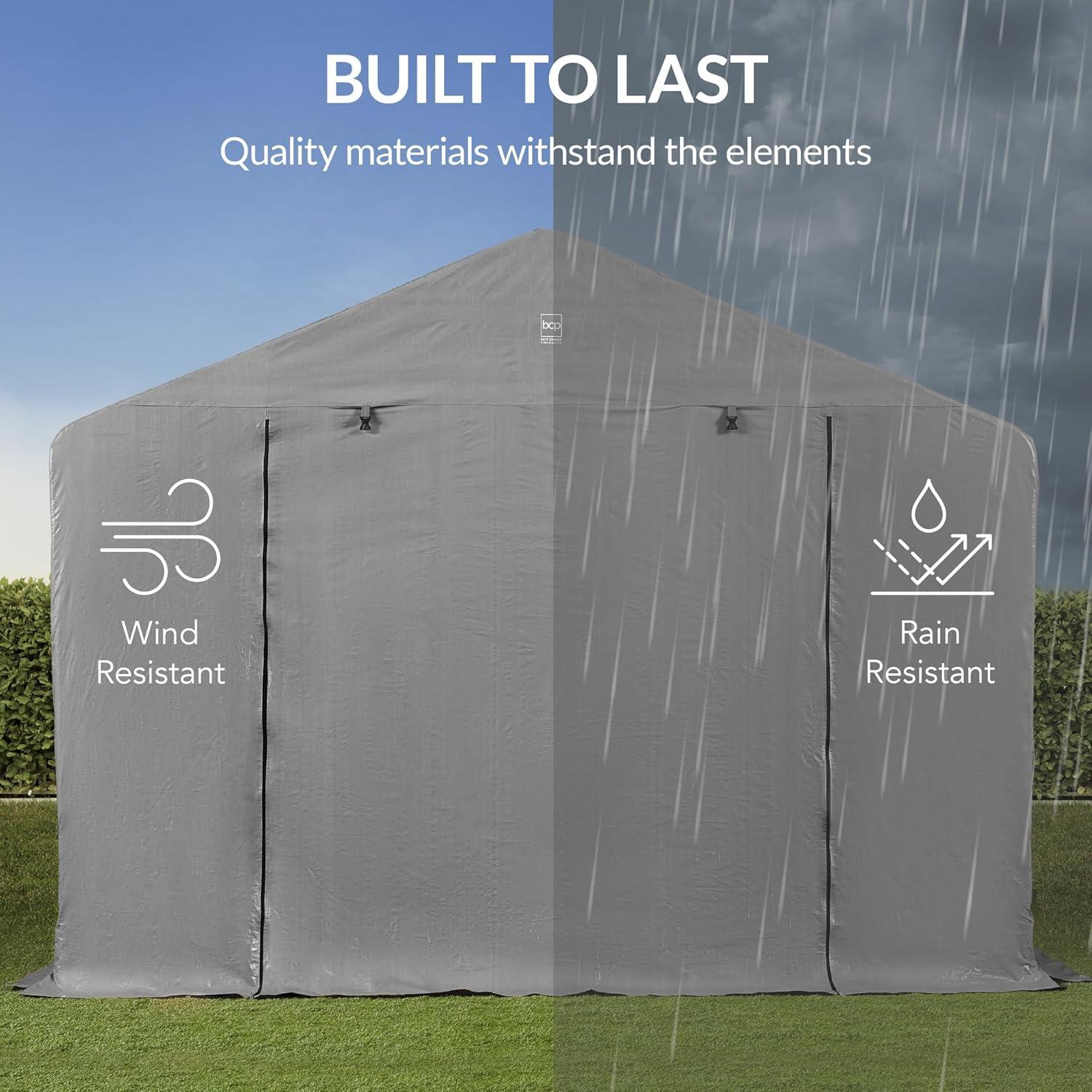 imageBest Choice Products 10x8ft Outdoor Storage Shed Carport Canopy Shelter Dual Doors ampamp Windows Metal Frame WeatherResistant Perfect for Storing Motorcycle Bike Garden Tools  TanGray