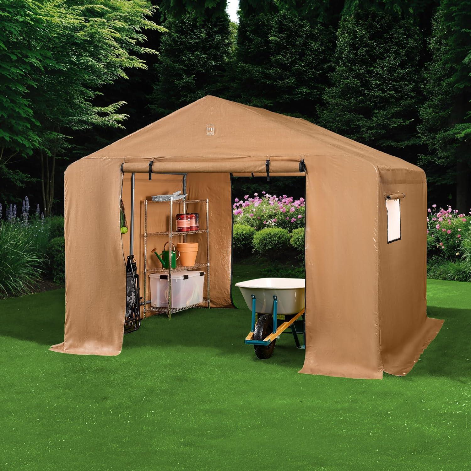 imageBest Choice Products 10x8ft Outdoor Storage Shed Carport Canopy Shelter Dual Doors ampamp Windows Metal Frame WeatherResistant Perfect for Storing Motorcycle Bike Garden Tools  TanTan