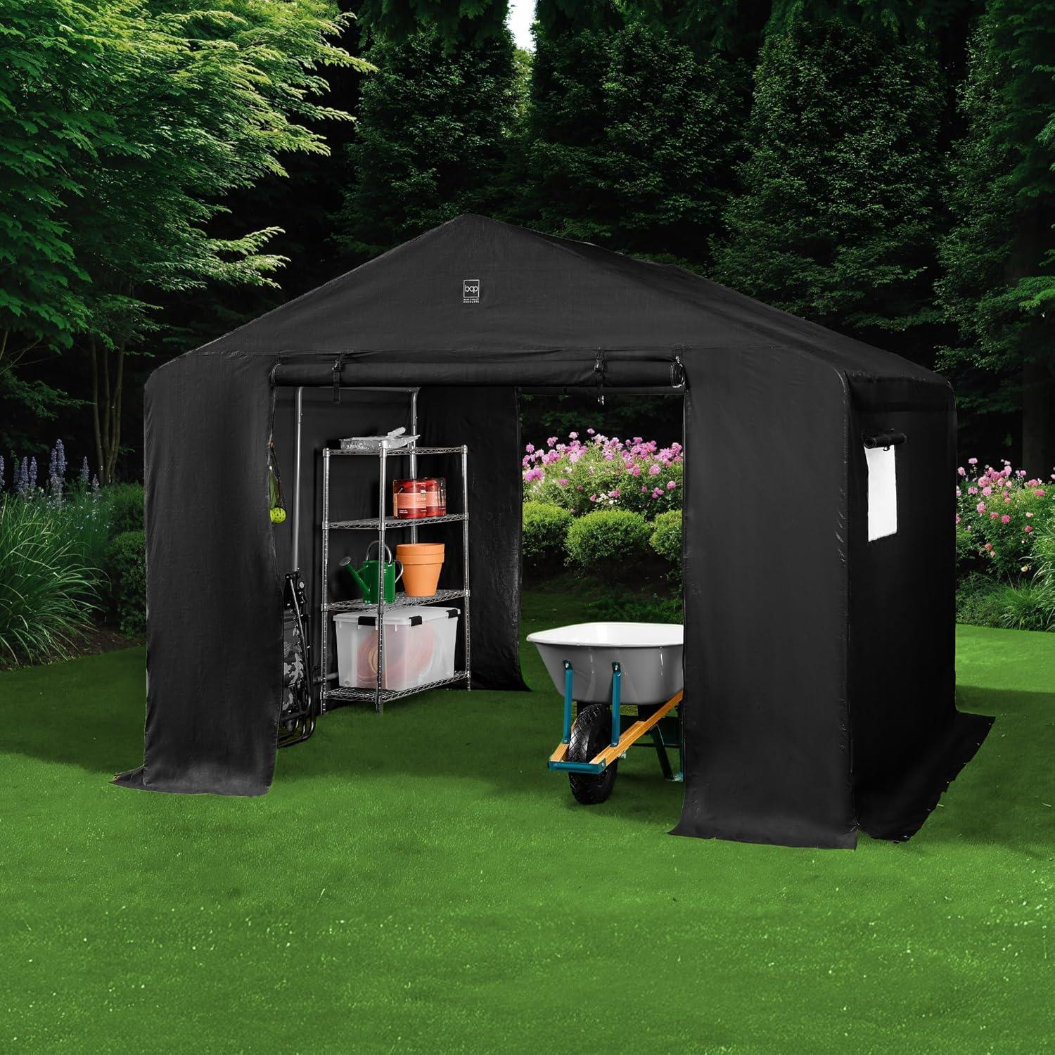imageBest Choice Products 10x8ft Outdoor Storage Shed Carport Canopy Shelter Dual Doors ampamp Windows Metal Frame WeatherResistant Perfect for Storing Motorcycle Bike Garden Tools  TanBlack