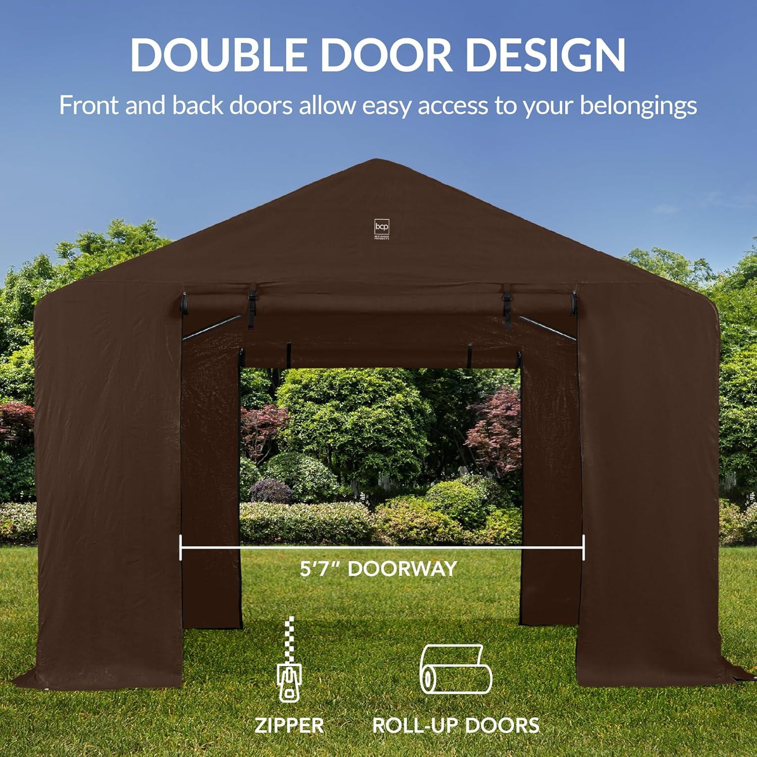 imageBest Choice Products 10x8ft Outdoor Storage Shed Carport Canopy Shelter Dual Doors ampamp Windows Metal Frame WeatherResistant Perfect for Storing Motorcycle Bike Garden Tools  TanBrown