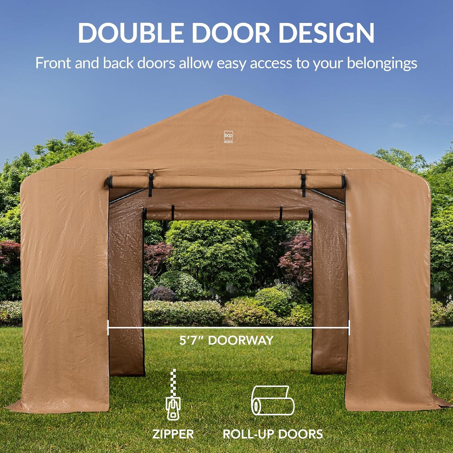 imageBest Choice Products 10x8ft Outdoor Storage Shed Carport Canopy Shelter Dual Doors ampamp Windows Metal Frame WeatherResistant Perfect for Storing Motorcycle Bike Garden Tools  TanTan