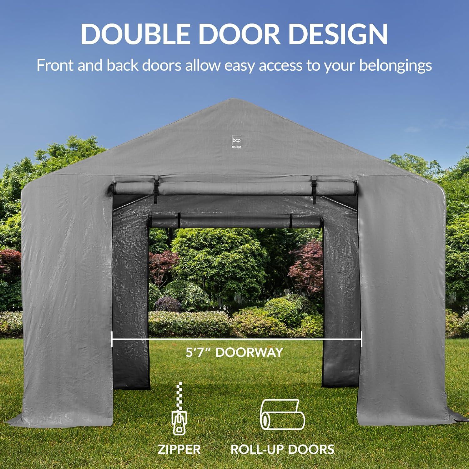 imageBest Choice Products 10x8ft Outdoor Storage Shed Carport Canopy Shelter Dual Doors ampamp Windows Metal Frame WeatherResistant Perfect for Storing Motorcycle Bike Garden Tools  TanGray