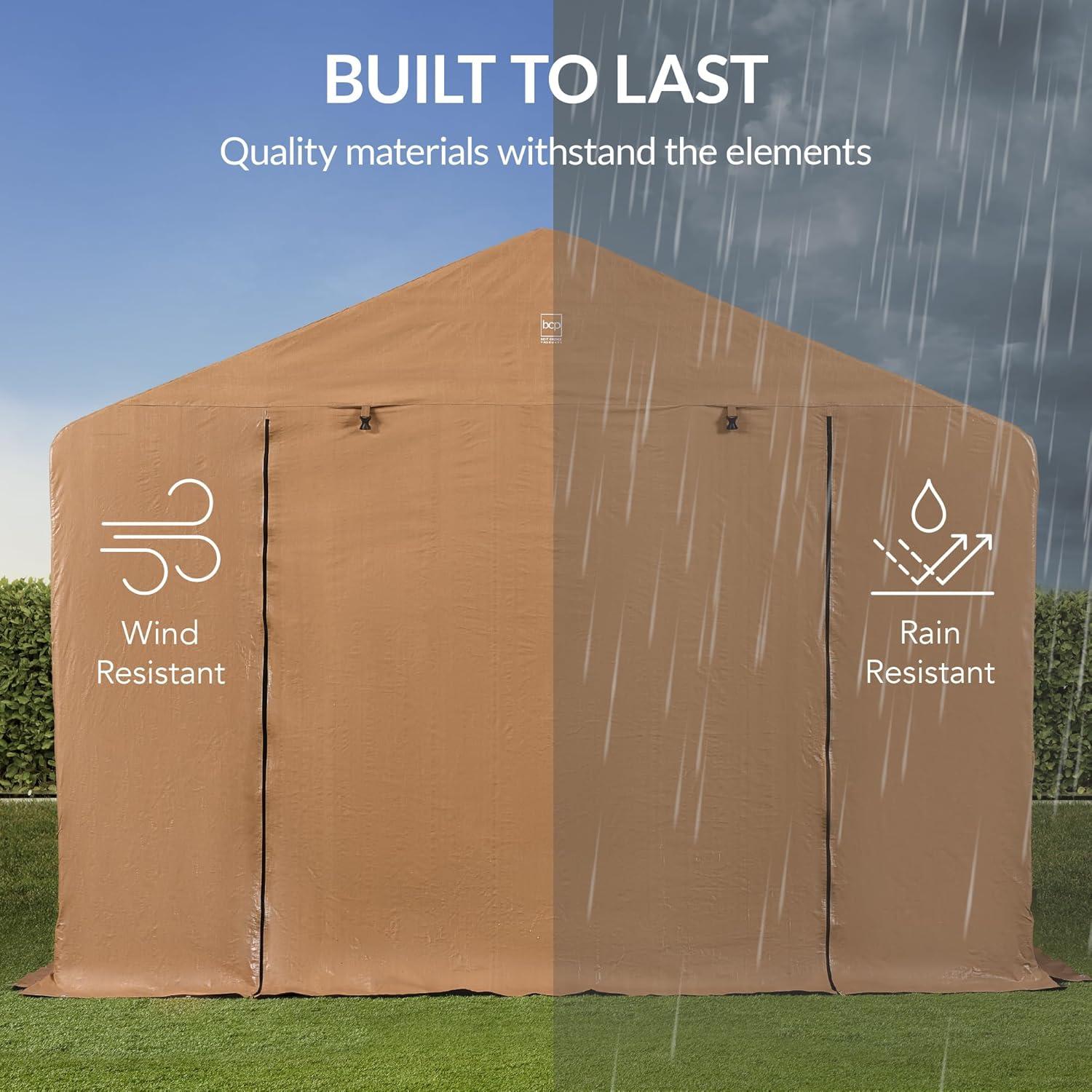 imageBest Choice Products 10x8ft Outdoor Storage Shed Carport Canopy Shelter Dual Doors ampamp Windows Metal Frame WeatherResistant Perfect for Storing Motorcycle Bike Garden Tools  TanTan