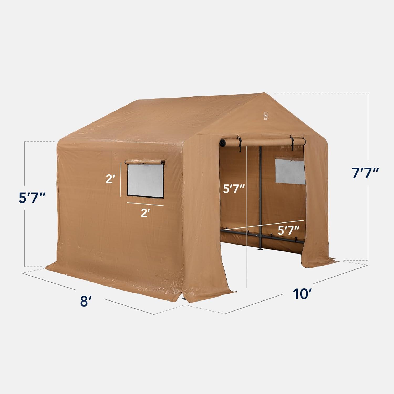 imageBest Choice Products 10x8ft Outdoor Storage Shed Carport Canopy Shelter Dual Doors ampamp Windows Metal Frame WeatherResistant Perfect for Storing Motorcycle Bike Garden Tools  TanTan