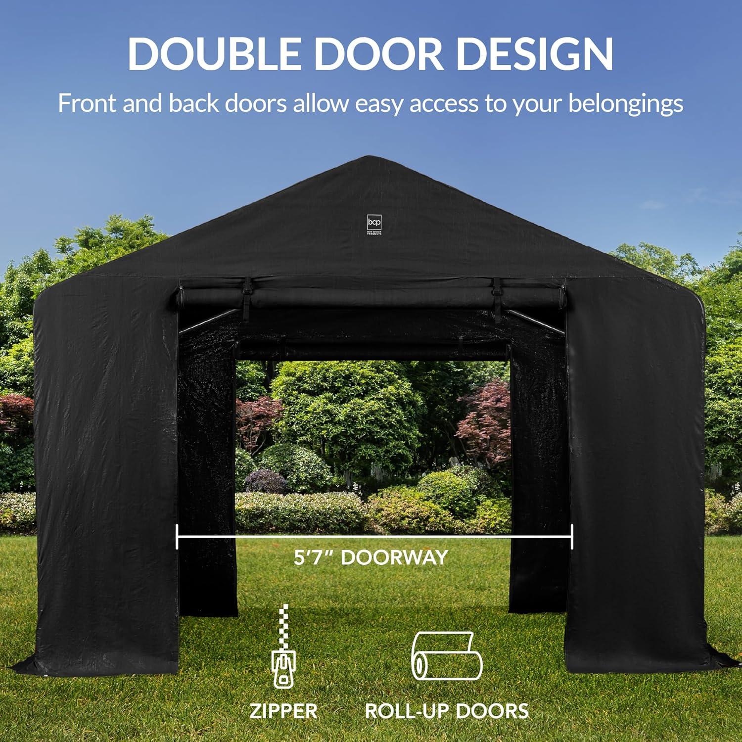 imageBest Choice Products 10x8ft Outdoor Storage Shed Carport Canopy Shelter Dual Doors ampamp Windows Metal Frame WeatherResistant Perfect for Storing Motorcycle Bike Garden Tools  TanBlack