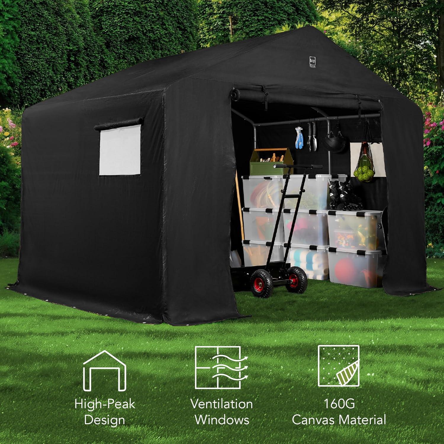 imageBest Choice Products 10x8ft Outdoor Storage Shed Carport Canopy Shelter Dual Doors ampamp Windows Metal Frame WeatherResistant Perfect for Storing Motorcycle Bike Garden Tools  TanBlack