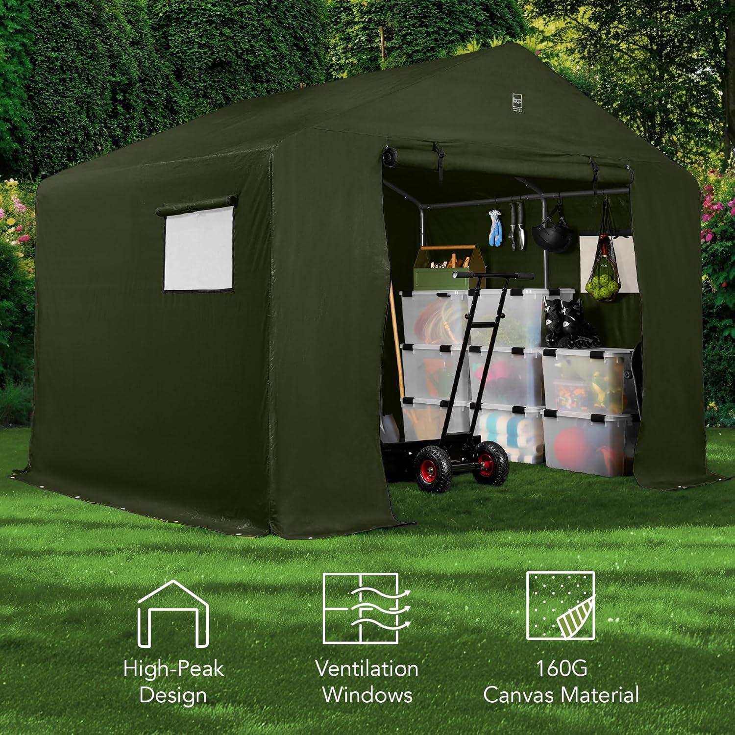 imageBest Choice Products 10x8ft Outdoor Storage Shed Carport Canopy Shelter Dual Doors ampamp Windows Metal Frame WeatherResistant Perfect for Storing Motorcycle Bike Garden Tools  TanForest Green