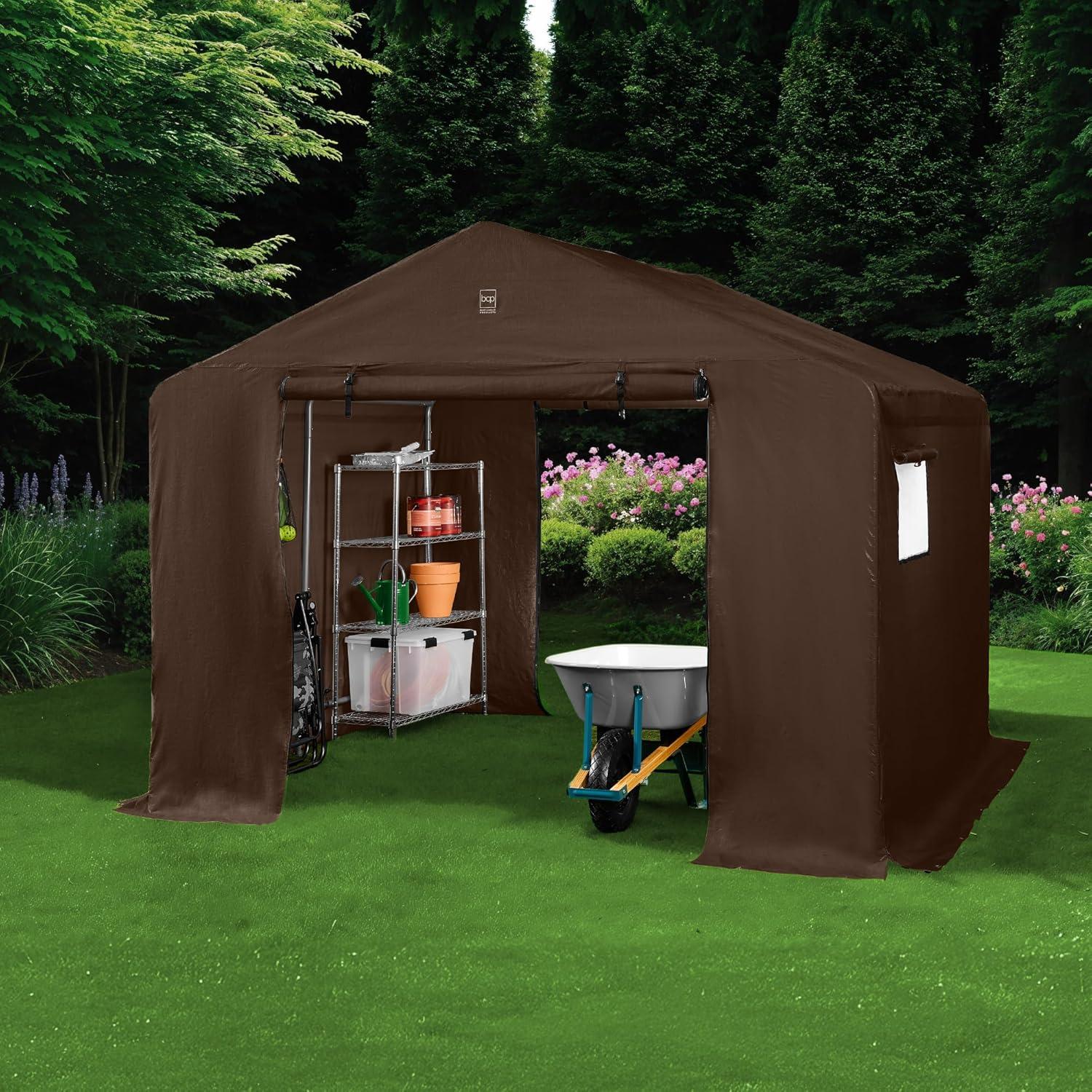 imageBest Choice Products 10x8ft Outdoor Storage Shed Carport Canopy Shelter Dual Doors ampamp Windows Metal Frame WeatherResistant Perfect for Storing Motorcycle Bike Garden Tools  TanBrown