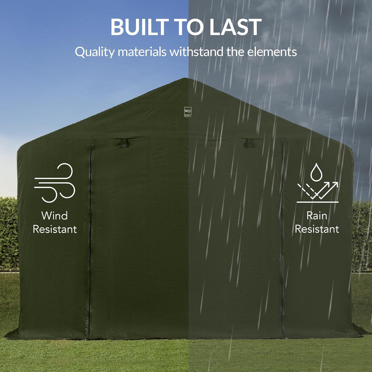 imageBest Choice Products 10x8ft Outdoor Storage Shed Carport Canopy Shelter Dual Doors ampamp Windows Metal Frame WeatherResistant Perfect for Storing Motorcycle Bike Garden Tools  TanForest Green