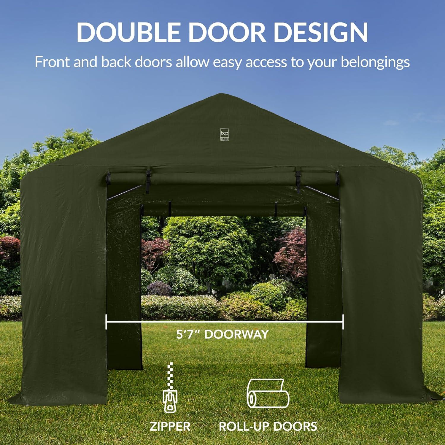 imageBest Choice Products 10x8ft Outdoor Storage Shed Carport Canopy Shelter Dual Doors ampamp Windows Metal Frame WeatherResistant Perfect for Storing Motorcycle Bike Garden Tools  TanForest Green