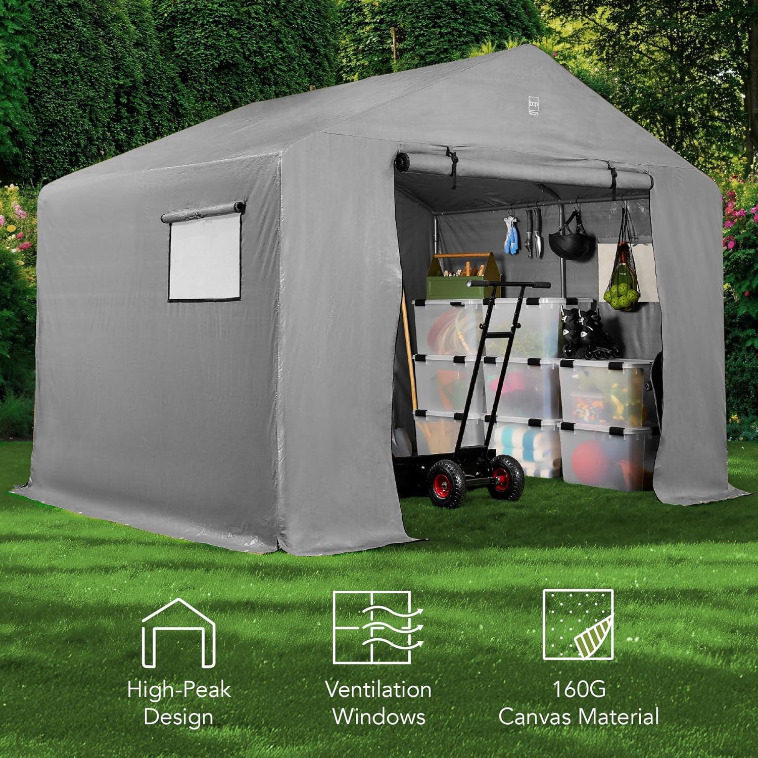 imageBest Choice Products 10x8ft Outdoor Storage Shed Carport Canopy Shelter Dual Doors ampamp Windows Metal Frame WeatherResistant Perfect for Storing Motorcycle Bike Garden Tools  TanGray