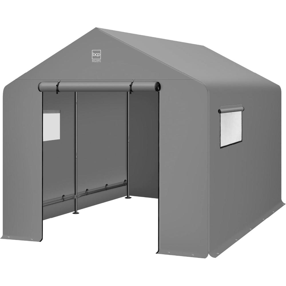 imageBest Choice Products 10x8ft Outdoor Storage Shed Carport Canopy Shelter Dual Doors ampamp Windows Metal Frame WeatherResistant Perfect for Storing Motorcycle Bike Garden Tools  TanGray