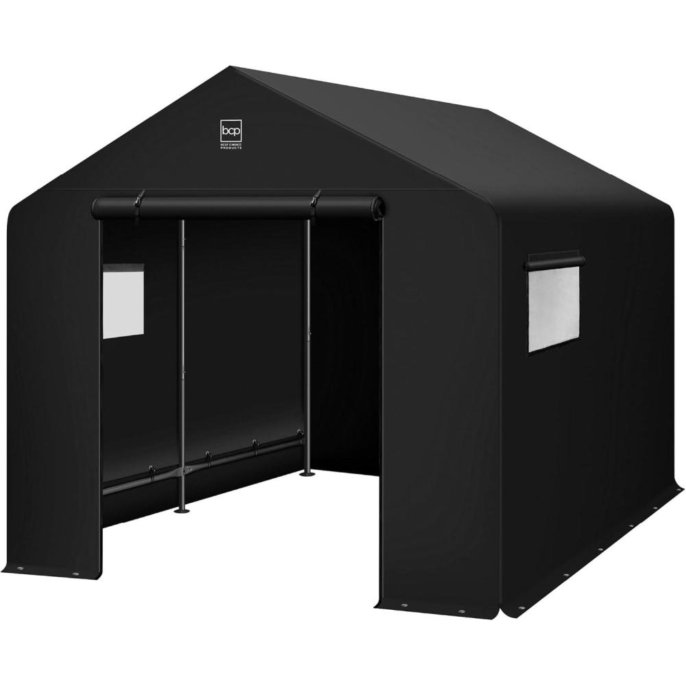 imageBest Choice Products 10x8ft Outdoor Storage Shed Carport Canopy Shelter Dual Doors ampamp Windows Metal Frame WeatherResistant Perfect for Storing Motorcycle Bike Garden Tools  TanBlack