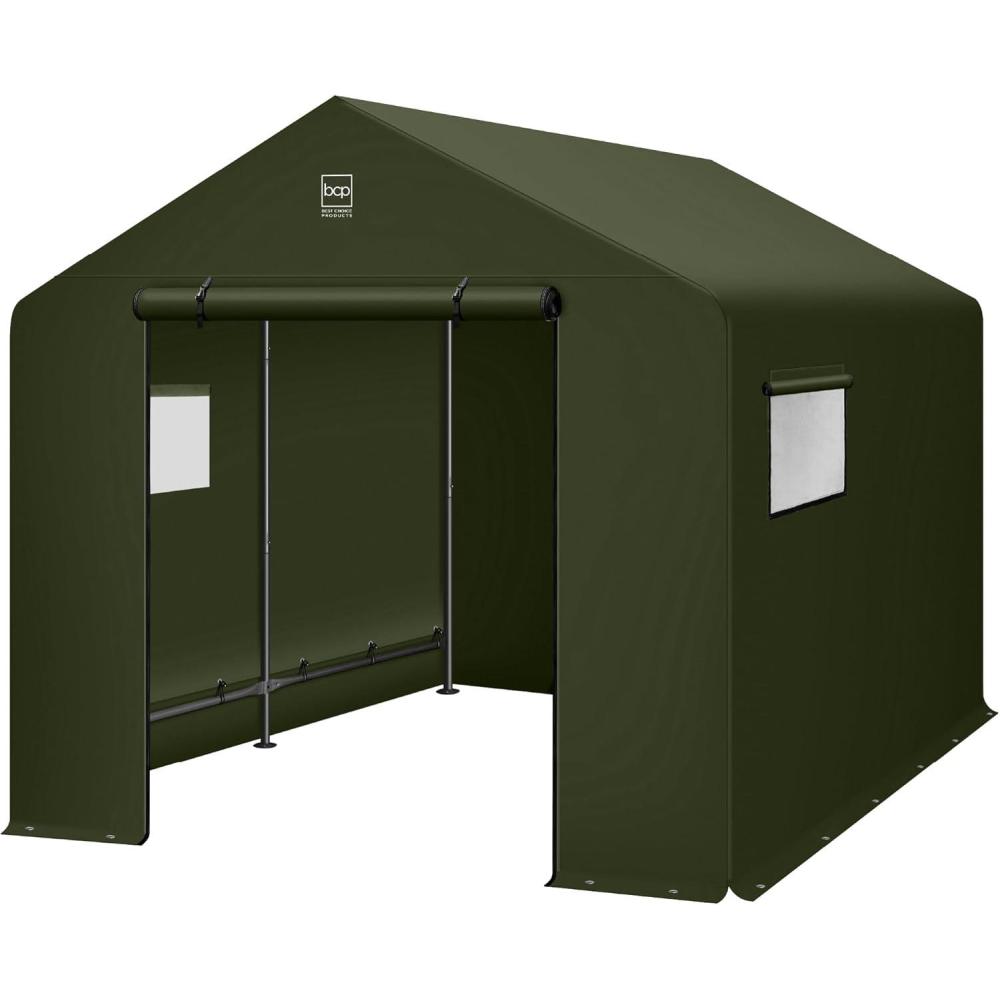 imageBest Choice Products 10x8ft Outdoor Storage Shed Carport Canopy Shelter Dual Doors ampamp Windows Metal Frame WeatherResistant Perfect for Storing Motorcycle Bike Garden Tools  TanForest Green