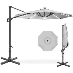 imageBest Choice Products 10ft Solar LED Cantilever Patio Umbrella 360Degree Rotation Hanging Offset Market Outdoor Sun Shade for Backyard Deck Poolside wLights Easy Tilt Cross BaseFog Gray