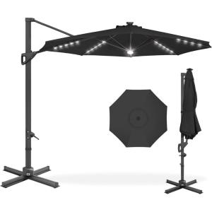 imageBest Choice Products 10ft Solar LED Cantilever Patio Umbrella 360Degree Rotation Hanging Offset Market Outdoor Sun Shade for Backyard Deck Poolside wLights Easy Tilt Cross BaseBlack