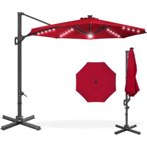 imageBest Choice Products 10ft Solar LED Cantilever Patio Umbrella 360Degree Rotation Hanging Offset Market Outdoor Sun Shade for Backyard Deck Poolside wLights Easy Tilt Cross BaseRed