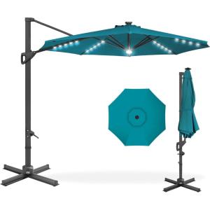 imageBest Choice Products 10ft Solar LED Cantilever Patio Umbrella 360Degree Rotation Hanging Offset Market Outdoor Sun Shade for Backyard Deck Poolside wLights Easy Tilt Cross BaseCerulean
