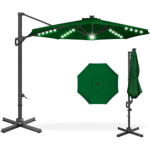 imageBest Choice Products 10ft Solar LED Cantilever Patio Umbrella 360Degree Rotation Hanging Offset Market Outdoor Sun Shade for Backyard Deck Poolside wLights Easy Tilt Cross BaseGreen