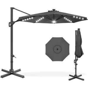 imageBest Choice Products 10ft Solar LED Cantilever Patio Umbrella 360Degree Rotation Hanging Offset Market Outdoor Sun Shade for Backyard Deck Poolside wLights Easy Tilt Cross BaseGray