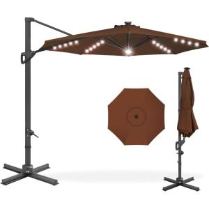 imageBest Choice Products 10ft Solar LED Cantilever Patio Umbrella 360Degree Rotation Hanging Offset Market Outdoor Sun Shade for Backyard Deck Poolside wLights Easy Tilt Cross BaseBrown