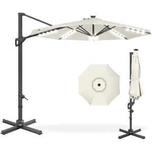 imageBest Choice Products 10ft Solar LED Cantilever Patio Umbrella 360Degree Rotation Hanging Offset Market Outdoor Sun Shade for Backyard Deck Poolside wLights Easy Tilt Cross BaseIvory