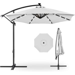 imageBest Choice Products 10ft Solar LED Offset Hanging Market Patio Umbrella for Backyard Poolside Lawn and Garden wEasy Tilt Adjustment Polyester Shade 8 Ribs  TanFog Gray