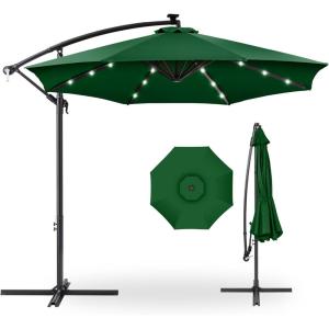 imageBest Choice Products 10ft Solar LED Offset Hanging Market Patio Umbrella for Backyard Poolside Lawn and Garden wEasy Tilt Adjustment Polyester Shade 8 Ribs  TanGreen