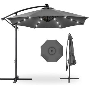 imageBest Choice Products 10ft Solar LED Offset Hanging Market Patio Umbrella for Backyard Poolside Lawn and Garden wEasy Tilt Adjustment Polyester Shade 8 Ribs  TanGray