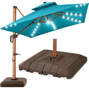 imageBest Choice Products 10ft Square Cantilever Patio Umbrella wBase Included Woodgrain Pattern Pole ampamp Solar LED Lights 360Rotation Offset Hanging Outdoor Shade  Sky BlueCerulean