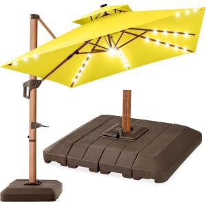 imageBest Choice Products 10ft Square Cantilever Patio Umbrella wBase Included Woodgrain Pattern Pole ampamp Solar LED Lights 360Rotation Offset Hanging Outdoor Shade  Sky BlueYellow