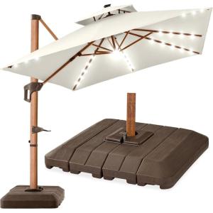 imageBest Choice Products 10ft Square Cantilever Patio Umbrella wBase Included Woodgrain Pattern Pole ampamp Solar LED Lights 360Rotation Offset Hanging Outdoor Shade  Sky BlueIvory