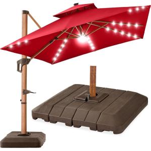 imageBest Choice Products 10ft Square Cantilever Patio Umbrella wBase Included Woodgrain Pattern Pole ampamp Solar LED Lights 360Rotation Offset Hanging Outdoor Shade  Sky BlueRed