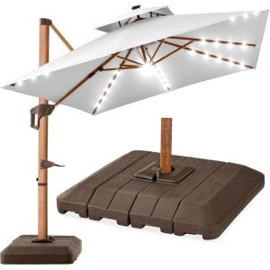 imageBest Choice Products 10ft Square Cantilever Patio Umbrella wBase Included Woodgrain Pattern Pole ampamp Solar LED Lights 360Rotation Offset Hanging Outdoor Shade  Sky BlueFog Gray