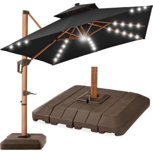 imageBest Choice Products 10ft Square Cantilever Patio Umbrella wBase Included Woodgrain Pattern Pole ampamp Solar LED Lights 360Rotation Offset Hanging Outdoor Shade  Sky BlueBlack