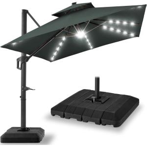 imageBest Choice Products 10x10ft Cantilever Patio Umbrella wBase Included Solar LED Lights 360 Rotation Large Offset Hanging Outdoor Shade for Deck Pool Backyard wStand  BurgundySlate