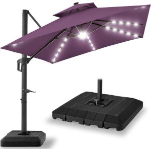 imageBest Choice Products 10x10ft Cantilever Patio Umbrella wBase Included Solar LED Lights 360 Rotation Large Offset Hanging Outdoor Shade for Deck Pool Backyard wStand  BurgundyAmethyst Purple