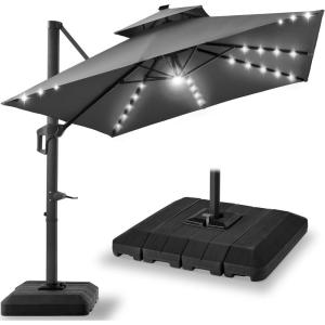 imageBest Choice Products 10x10ft Cantilever Patio Umbrella wBase Included Solar LED Lights 360 Rotation Large Offset Hanging Outdoor Shade for Deck Pool Backyard wStand  BurgundyGray
