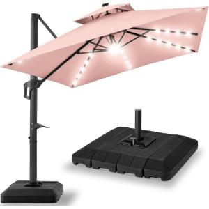 imageBest Choice Products 10x10ft Cantilever Patio Umbrella wBase Included Solar LED Lights 360 Rotation Large Offset Hanging Outdoor Shade for Deck Pool Backyard wStand  BurgundyRose Quartz