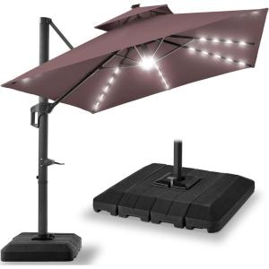 imageBest Choice Products 10x10ft Cantilever Patio Umbrella wBase Included Solar LED Lights 360 Rotation Large Offset Hanging Outdoor Shade for Deck Pool Backyard wStand  BurgundyDeep Taupe