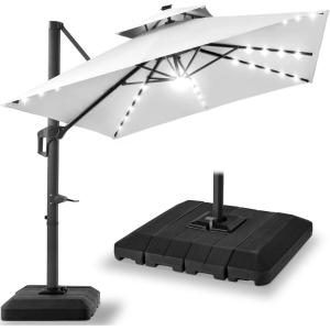 imageBest Choice Products 10x10ft Cantilever Patio Umbrella wBase Included Solar LED Lights 360 Rotation Large Offset Hanging Outdoor Shade for Deck Pool Backyard wStand  BurgundyFog Gray