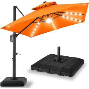 imageBest Choice Products 10x10ft Cantilever Patio Umbrella wBase Included Solar LED Lights 360 Rotation Large Offset Hanging Outdoor Shade for Deck Pool Backyard wStand  BurgundyOrange