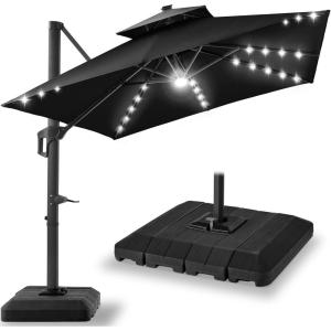 imageBest Choice Products 10x10ft Cantilever Patio Umbrella wBase Included Solar LED Lights 360 Rotation Large Offset Hanging Outdoor Shade for Deck Pool Backyard wStand  BurgundyBlack