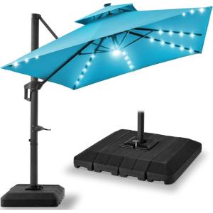 imageBest Choice Products 10x10ft Cantilever Patio Umbrella wBase Included Solar LED Lights 360 Rotation Large Offset Hanging Outdoor Shade for Deck Pool Backyard wStand  BurgundySky Blue
