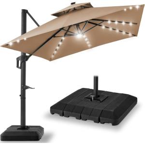 imageBest Choice Products 10x10ft Cantilever Patio Umbrella wBase Included Solar LED Lights 360 Rotation Large Offset Hanging Outdoor Shade for Deck Pool Backyard wStand  BurgundyTan
