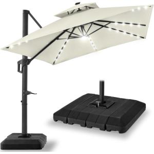 imageBest Choice Products 10x10ft Cantilever Patio Umbrella wBase Included Solar LED Lights 360 Rotation Large Offset Hanging Outdoor Shade for Deck Pool Backyard wStand  BurgundyIvory