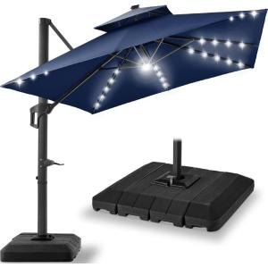 imageBest Choice Products 10x10ft Cantilever Patio Umbrella wBase Included Solar LED Lights 360 Rotation Large Offset Hanging Outdoor Shade for Deck Pool Backyard wStand  BurgundyNavy Blue