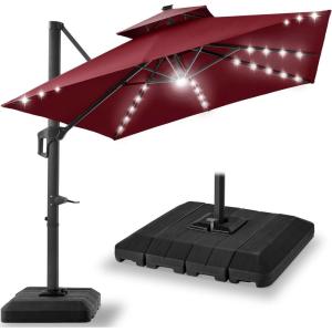 imageBest Choice Products 10x10ft Cantilever Patio Umbrella wBase Included Solar LED Lights 360 Rotation Large Offset Hanging Outdoor Shade for Deck Pool Backyard wStand  BurgundyBurgundy