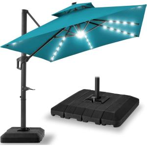 imageBest Choice Products 10x10ft Cantilever Patio Umbrella wBase Included Solar LED Lights 360 Rotation Large Offset Hanging Outdoor Shade for Deck Pool Backyard wStand  BurgundyCerulean